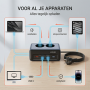 LDNIO Stekkerblok met USB-C 45W - 2 Stopcontacten & Snellader - 2 USB-C - 2 Meter Kabel