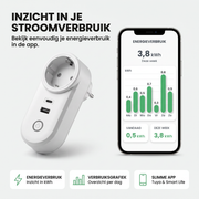 Oneproduct slimme stekker met energiemeter en stroomverbruik grafiek in de app