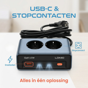 LDNIO Stekkerblok met USB-C 45W - 2 Stopcontacten & Snellader - 2 USB-C - 2 Meter Kabel