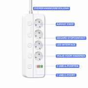 Oneproduct Stekkerdoos met USB-C - 4 Stopcontacten & 4 USB Poorten - Wit - 2 Meter Snoer