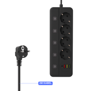 Oneproduct Stekkerdoos met USB-C - 4 Stopcontacten & 4 USB Poorten - Zwart - 2 Meter Snoer