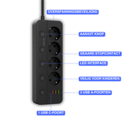 Oneproduct Stekkerdoos met USB-C - 4 Stopcontacten & 4 USB Poorten - Zwart - 2 Meter Snoer