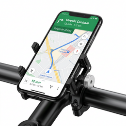 OneProduct telefoonhouder fiets zwart van aluminium voor e-bike, MTB, scooter en brommer met universele smartphone bevestiging